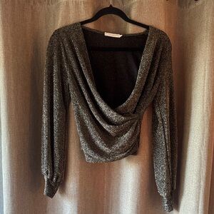 Lush Metallic Gold and Black V-Neck Blouse